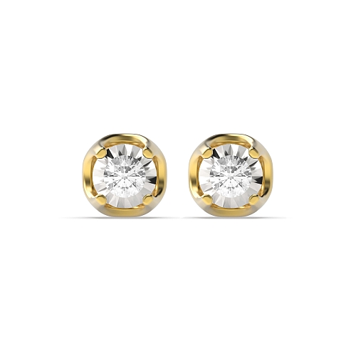 4 Prong Round Yellow Gold Designer illusion plat Stud Diamond Earrings