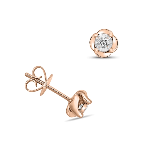 4 Prong Round Rose Gold Quatrefoil Gleam Stud Diamond Earrings