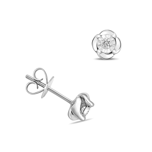 4 Prong Round Silver Quatrefoil Gleam Stud Diamond Earrings