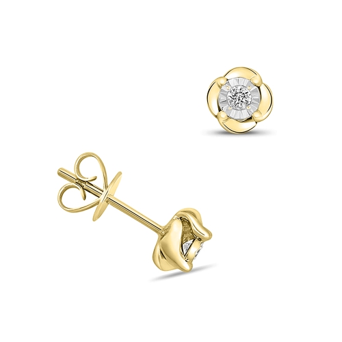 4 Prong Round Yellow Gold Quatrefoil Gleam Stud Diamond Earrings