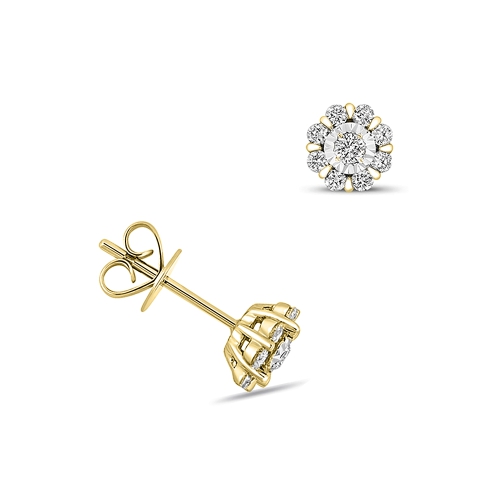 4 Prong Round Yellow Gold Illusion plate Diamond Earrings