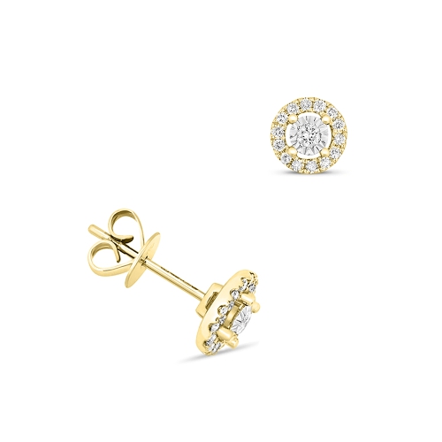 4 Prong Round Yellow Gold Halo Diamond Earrings