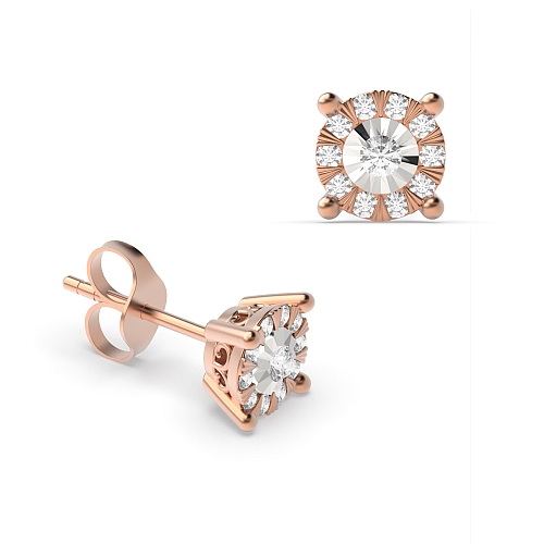 4 Prong Round Rose Gold Illusion Set Diamond Earrings