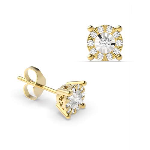 4 Prong Round Yellow Gold Illusion Set Diamond Earrings