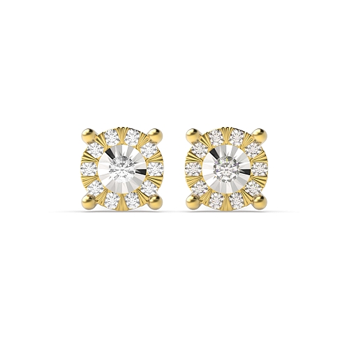 4 Prong Round Yellow Gold Illusion Set Diamond Earrings