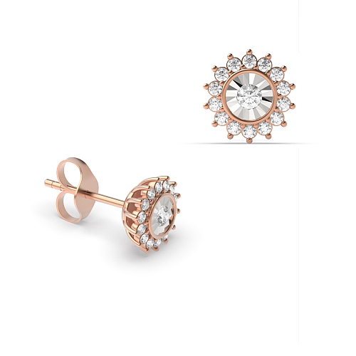 4 Prong Round Rose Gold Illusion plate flower Diamond Earrings