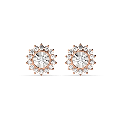 4 Prong Round Rose Gold Illusion plate flower Diamond Earrings