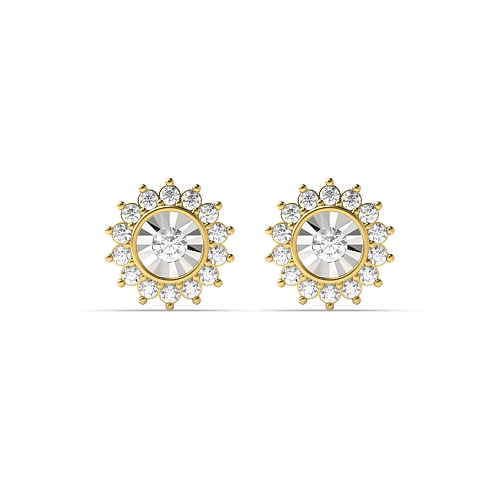 4 Prong Round Yellow Gold Illusion plate flower Diamond Earrings