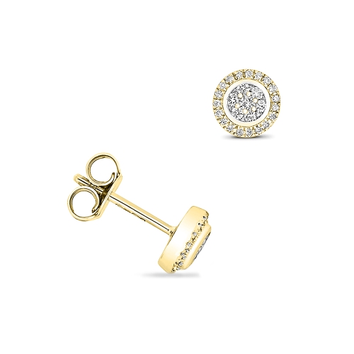 6 Prong Round Yellow Gold Halo Diamond Earrings