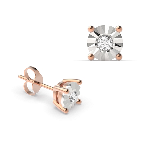 4 Prong Round Rose Gold Illusion basket set Stud Diamond Earrings