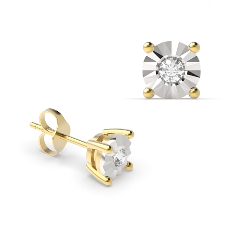 4 Prong Round Yellow Gold Illusion basket set Stud Diamond Earrings