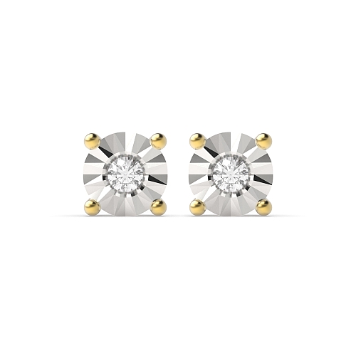 4 Prong Round Yellow Gold Illusion basket set Stud Diamond Earrings