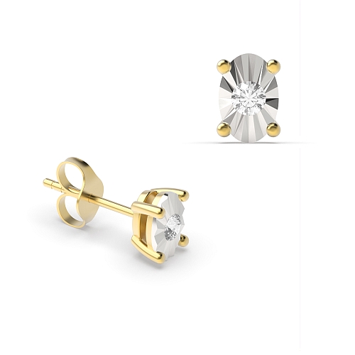 4 Prong Round Yellow Gold Illusion plate Stud Diamond Earrings