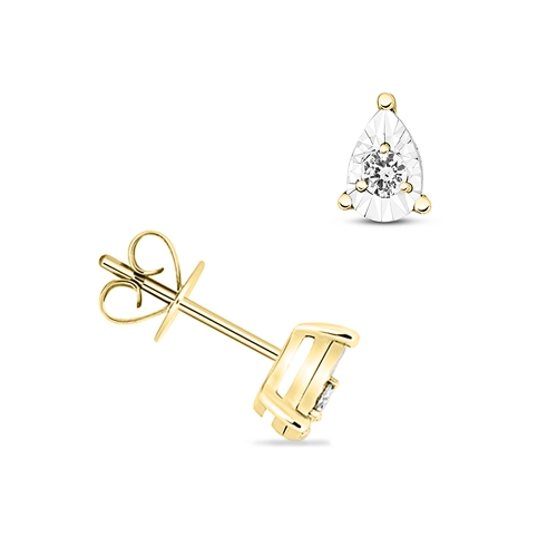 3 Prong Round Yellow Gold Illusion plate Stud Diamond Earrings