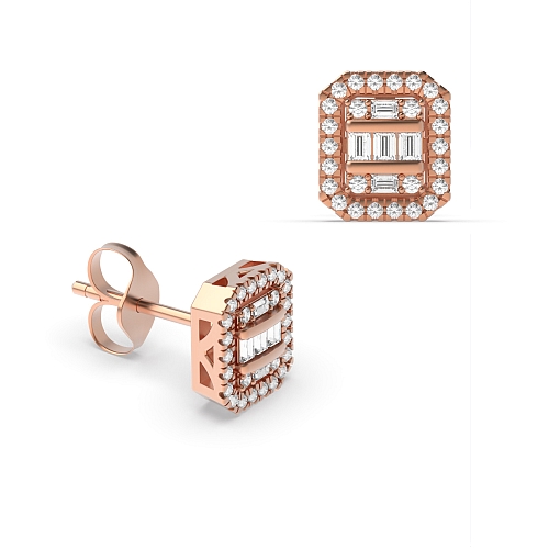 Channel Setting Round/Baguette Rose Gold Mosaic Diamond Earrings