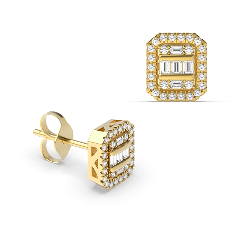 Channel Setting Round/Baguette Yellow Gold Mosaic Diamond Earrings