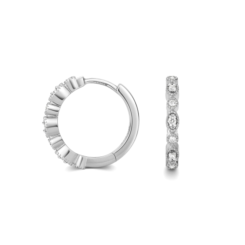Pave Setting Round Silver Hoop Diamond Earrings