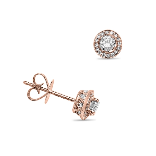 4 Prong Round Rose Gold Hidden halo designer Diamond Earrings