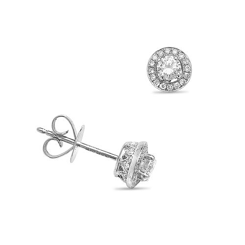 4 Prong Round White Gold Hidden halo designer Diamond Earrings