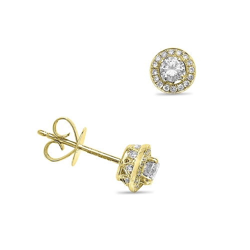 4 Prong Round Yellow Gold Hidden halo designer Diamond Earrings