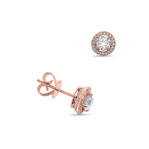 4 Prong Round Rose Gold Halo Diamond Earrings