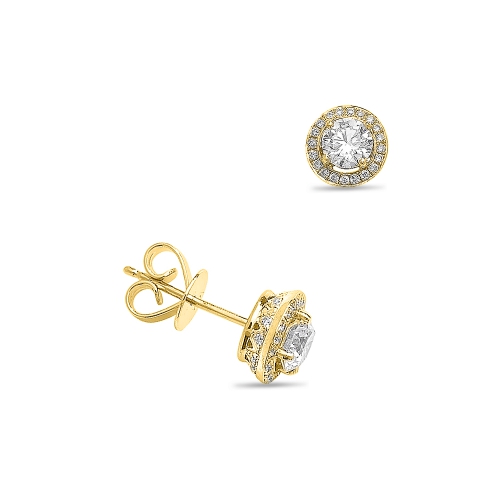 4 Prong Round Yellow Gold Halo Diamond Earrings
