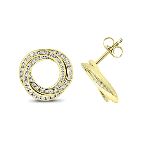 Channel Setting Round Yellow Gold Triple circle Diamond Earrings