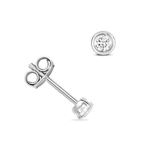 Bezel Setting Round Silver Sparkle Stud Diamond Earrings