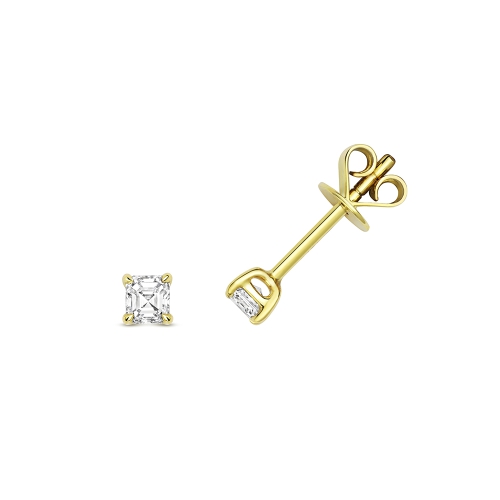 4 Prong Asscher Yellow Gold Glimmer Stud Diamond Earrings