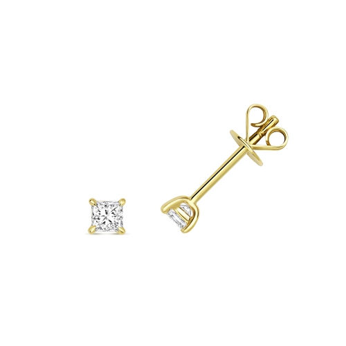 4 Prong Princess Yellow Gold Sparkle Stud Diamond Earrings