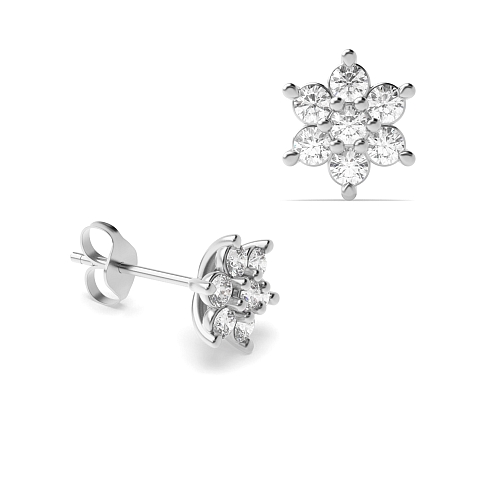 6 Prong Round White Gold Flower style Diamond Earrings
