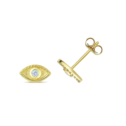 Bezel Setting Round Yellow Gold Eye shaped Lab Grown Diamond Earrings