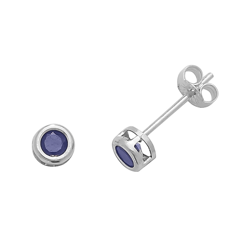 Bezel Setting Round Polish Blue Sapphire Diamond Earrings