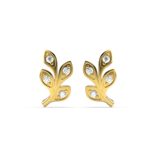 Pave Setting Round Yellow Gold Leaf Diamond Earrings