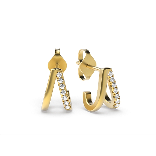 Pave Setting Round Yellow Gold Inverted v Diamond Earrings