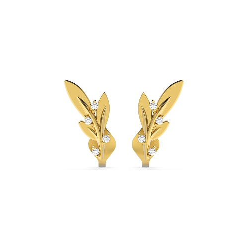 Pave Setting Round Yellow Gold Leaf shaped Diamond Earrings