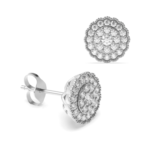4 Prong Round White Gold Flower frame Diamond Earrings