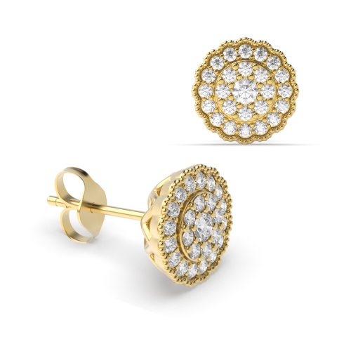 4 Prong Round Yellow Gold Flower frame Diamond Earrings