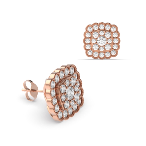4 Prong Round Rose Gold Cushion shaped halo Diamond Earrings