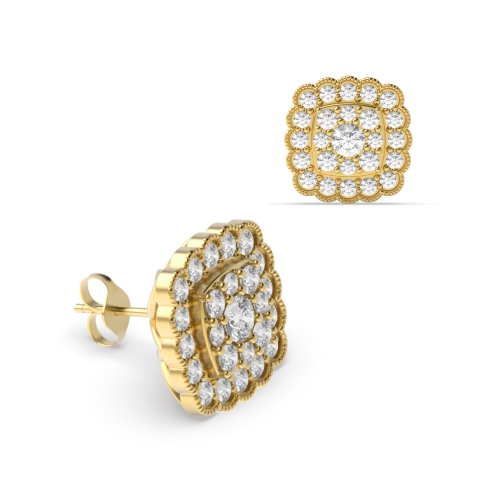 4 Prong Round Yellow Gold Cushion shaped halo Diamond Earrings