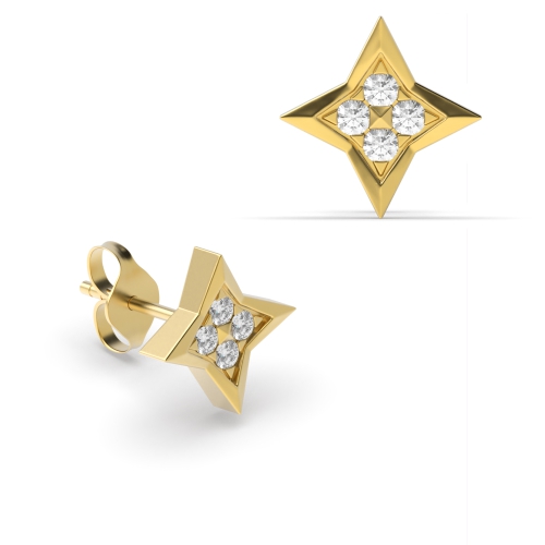 Pave Setting Round Yellow Gold Star shaped Stud Diamond Earrings
