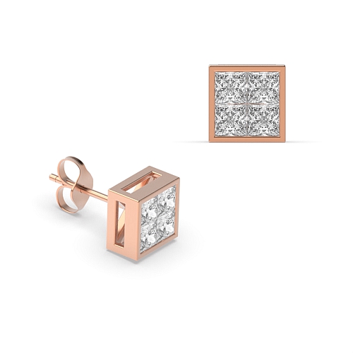 Channel Setting Princess Rose Gold Square Diamond Earrings