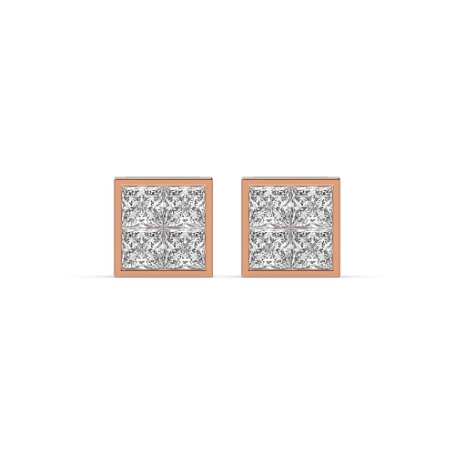 Channel Setting Princess Rose Gold Square Diamond Earrings