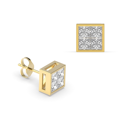 Channel Setting Princess Yellow Gold Stud Earrings