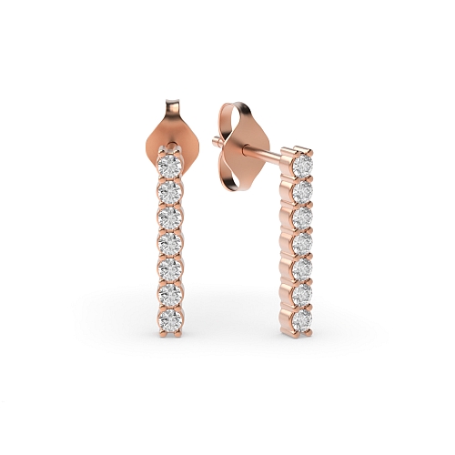4 Prong Round Rose Gold Line bar Drop Diamond Earrings