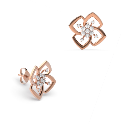 Pave Setting Round Rose Gold Floral Diamond Earrings