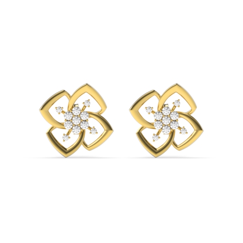 Pave Setting Round Yellow Gold Floral Diamond Earrings