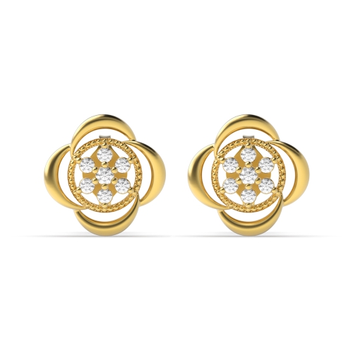 6 Prong Round Yellow Gold Dimaond flower Diamond Earrings