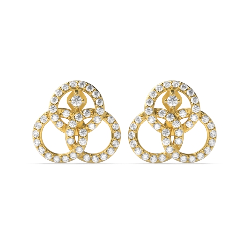 4 Prong Round Yellow Gold Tri circle Diamond Earrings