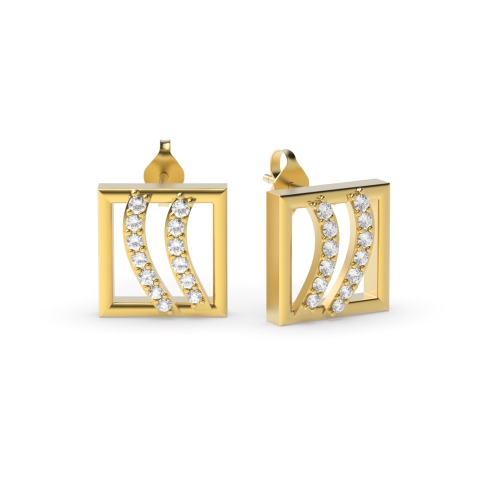 4 Prong Round Yellow Gold Square Diamond Earrings